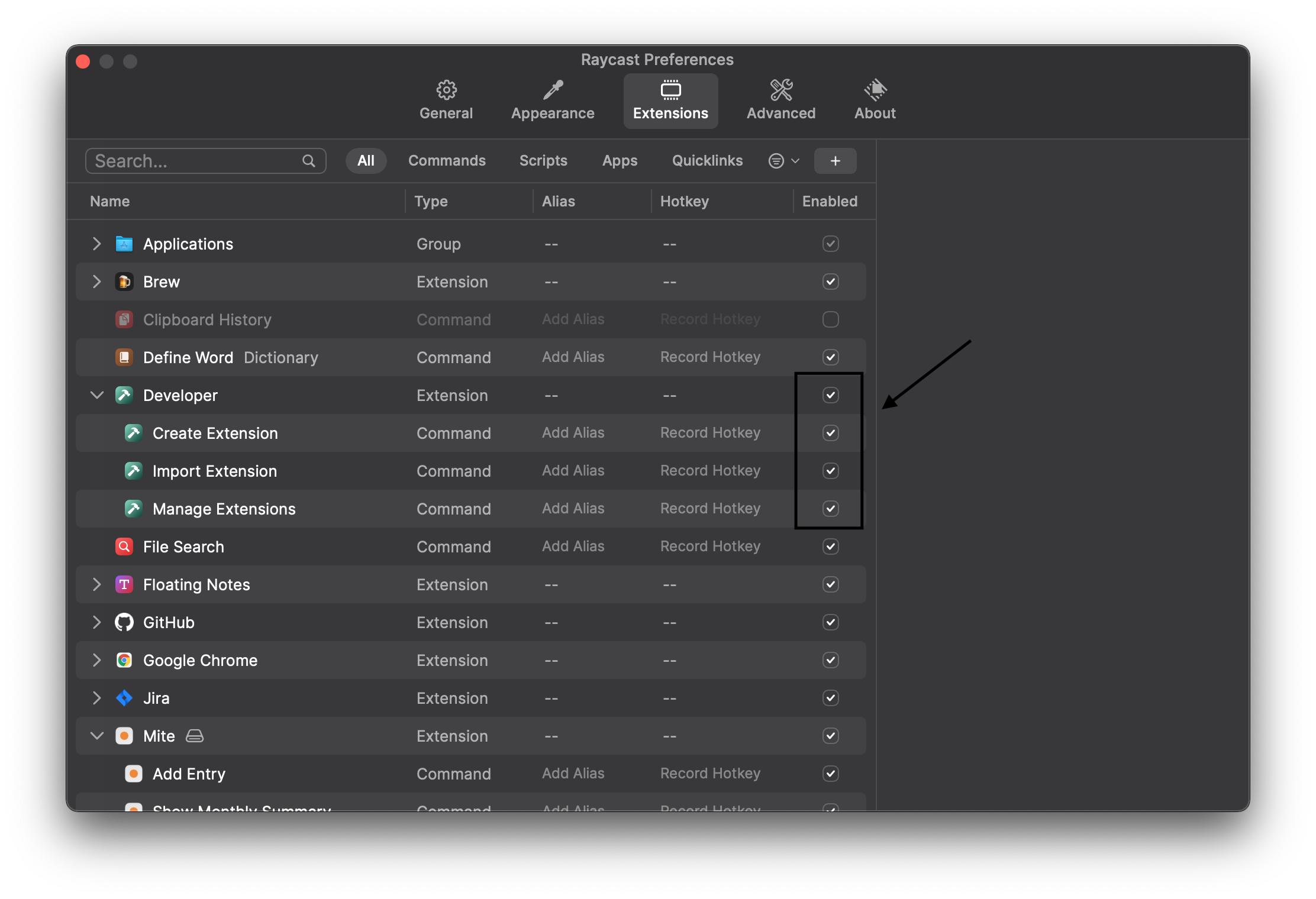 enable dev extension
